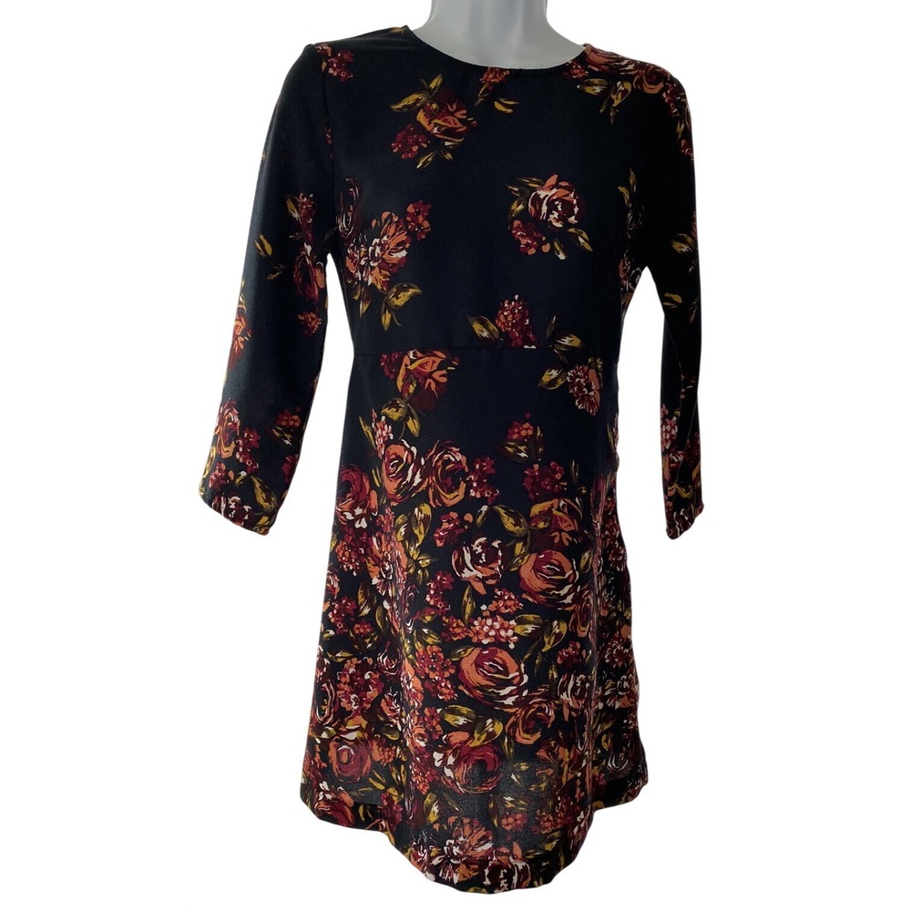 Abercrombie and Fitch Black Floral A-Line Dress 3/4 Sleeve Size Medium